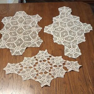 Set Of 3 Elegant unique shape Crochet doilies in white, & ecru